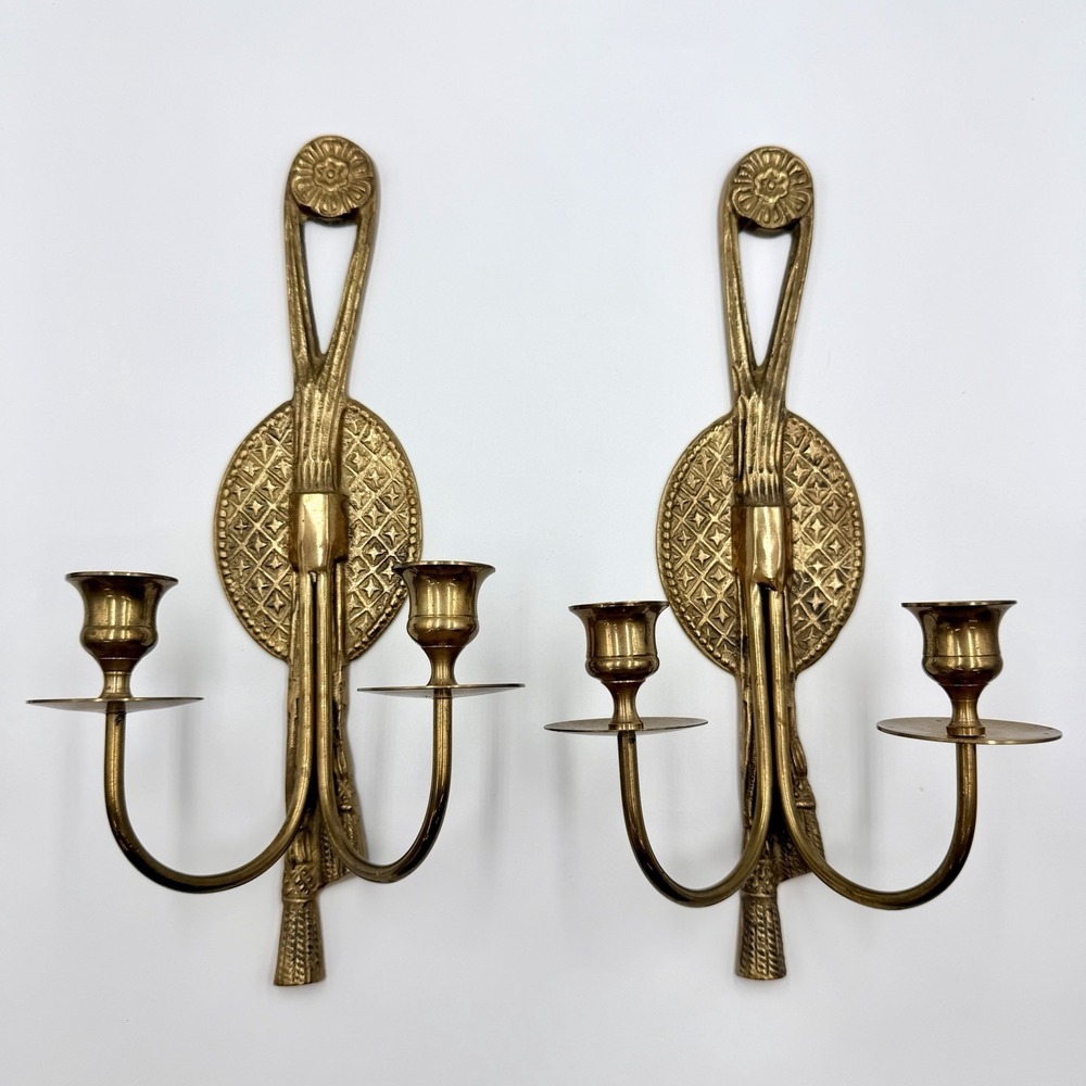 Vintage Brass Wall Sconce Candle Holders Pair Double Arm Bow Tassel Rosette 13"